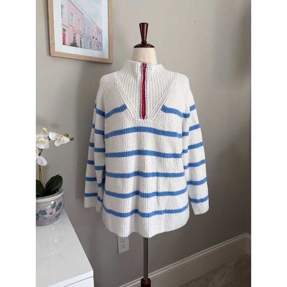 Talbots Sweaters - Talbots Size 2X White & Blue Striped 1/4 Zip Mock T Pullover Sweater